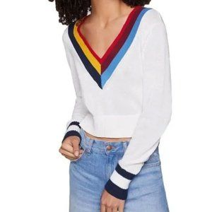 Ivory V Neck Multicolored Collar Crop Sweater
